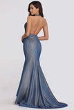 Sexy V Neck Halter Blue Backless Prom Dresses, Cheap Long Party Dresses STK15365