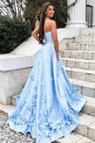 Princess A Line Strapless Blue Satin Sleeveless Prom Dresses with Pockets, Evening Dresses STK15285