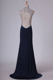 2024 Spandex Prom Dresses High Neck With Beading Sweep PC5DA23H