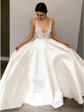 Simple A-Line Deep V Neck Satin Ivory Wedding Dress with Lace Appliques STK15387