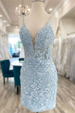 Cute Light Blue V Neck Lace Homecoming Dresses