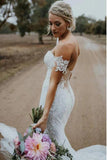 Charming Ivory V Neck Mermaid Strapless Lace Appliques Wedding Dresses, Bridal Dresses STK15506