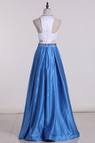 2024 Bicolor Scoop A Line Prom Dresses Satin With Beading PKMJ8C1C