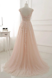 A Line Sheer Neck Cap Sleeves Tulle Prom Dresses Appliques Sweep Train Formal STKPTEXZSTC