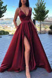 Simple A Line Spaghetti Straps V Neck Satin Prom Dresses with Slit, Formal STK20470