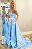 Princess A Line Strapless Blue Satin Sleeveless Prom Dresses with Pockets, Evening Dresses STK15285