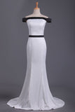 2024 Boat Neck Mermaid Evening Dresses Stretch Satin Sweep PLNS7N43