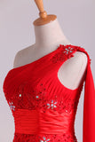 2024 Red One Shoulder A Line Prom Dresses With Applique & Ruffles P2XSFK8J