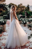 Elegant A Line V Neck Tulle Wedding Dresses With Flowers V Back Beach Wedding STKPEKH2P28