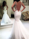 Elegant Mermaid White V Neck Appliques Wedding Dresses, Tulle Beach Wedding Gowns STK15183