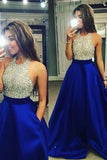 2024 Dark Royal Blue Open Back Halter Prom Dresses Beaded Bodice Satin PPC74LLZ