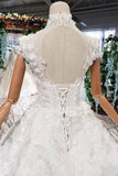 2024 New Wedding Dresses Short Sleeves Ball Gown Lace Up Back PNBE96XT