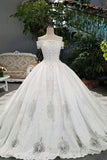 2024 New Arrival Satin Boat Neck Wedding Dresses Lace Up With Appliques PX26F2DD