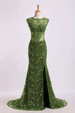 2024 Prom Dresses Scoop Sheath/Column Tulle With Slit&Applique PFD1KPHT