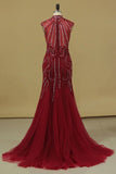 2024 Burgundy Prom Dresses High Neck Mermaid With Beading Sweep Train P5Z7LFT6