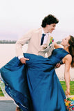 A Line Jewel Sleeveless Prom Dresses Long Cheap Navy Blue Satin Backless Evening Dresses