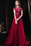 Fabulous Scoop Glitter Red Prom Dress Short Sleeves Pearl Evening Dress