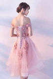 Pink Lace Tulle Short Prom Dress Off-the-Shoulder Appliques Lace up Homecoming Dresses STKPST13190