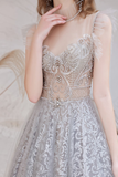 A-line Spaghetti Straps Prom Dress Long Decorative Pattern Evening Dress