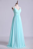 2024 Prom Dress Spaghetti Straps Chiffon A Line Ruffled Bodice With Criss Crossed Back