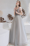 A-Line V-Neck Backless Grey Long Prom Dress with Starlight