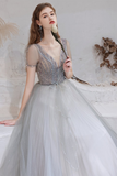 A-Line V-Neck Backless Grey Long Prom Dress with Starlight