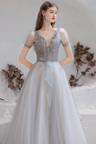 A-Line V-Neck Backless Grey Long Prom Dress with Starlight