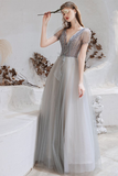 A-Line V-Neck Backless Grey Long Prom Dress with Starlight