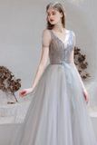 A-Line V-Neck Backless Grey Long Prom Dress with Starlight