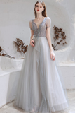 A-Line V-Neck Backless Grey Long Prom Dress with Starlight