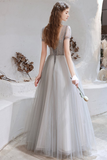 A-Line V-Neck Backless Grey Long Prom Dress with Starlight