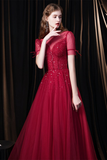 Fabulous Scoop Glitter Red Prom Dress Short Sleeves Starlight Evening Dress