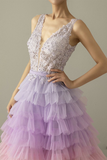 A-Line V-Neck Backless Applique Gradient Tulle Prom Dress