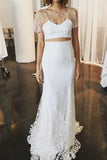 Elegant Two Pieces Lace Mermaid Short Sleeves Tulle Wedding Dresses STK15581