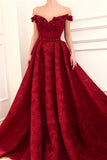 Charming Red Lace Off the Shoulder Prom Dresses, V Neck Handmade Flowers Party Dresses STK15121