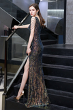 Mermaid V-Neck Long Prom Dress Multi-Color Sequin Evening Dress