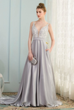 A-Line V-Neck Pleated Grey Satin Prom Dress with Appliques