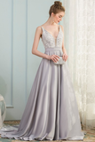 A-Line V-Neck Pleated Grey Satin Prom Dress with Appliques