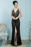 Sheath V-Neck Prom Dress Black Lace Long Evening Dress