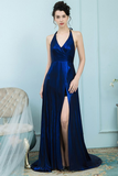 A-Line V-Neck Sweep Train Backless Royal Blue Prom Dress with Split