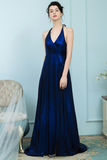 A-Line V-Neck Sweep Train Backless Royal Blue Prom Dress with Split