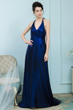 A-Line V-Neck Sweep Train Backless Royal Blue Prom Dress with Split