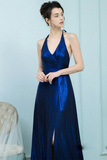 A-Line V-Neck Sweep Train Backless Royal Blue Prom Dress with Split