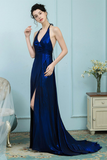 A-Line V-Neck Sweep Train Backless Royal Blue Prom Dress with Split