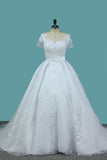 2024 Mermaid Tulle Scoop Short Sleeve Wedding Dresses With Applique And Sash PP34MKHZ