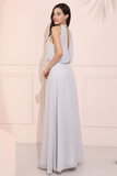 Simple Grey Chiffon Prom Dress Round Neck Long Evening Dress