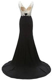 V-Neck Crystal Beaded Mermaid Black Long Prom Dress Slit Side