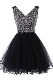 Sparkly Classy Short Sleeveless Cute V-Neck Beaded Tulle Crystals Homecoming Dresses