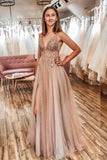 A Line Tulle V Neck Applqiues Prom Dresses With Slit, Spaghetti Straps Long Formal Dresses SRS15037