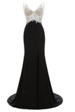 V-Neck Crystal Beaded Mermaid Black Long Prom Dress Slit Side